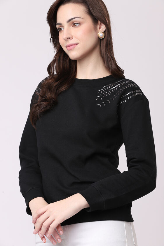 Black Solid Round Neck Top, Black, image 1